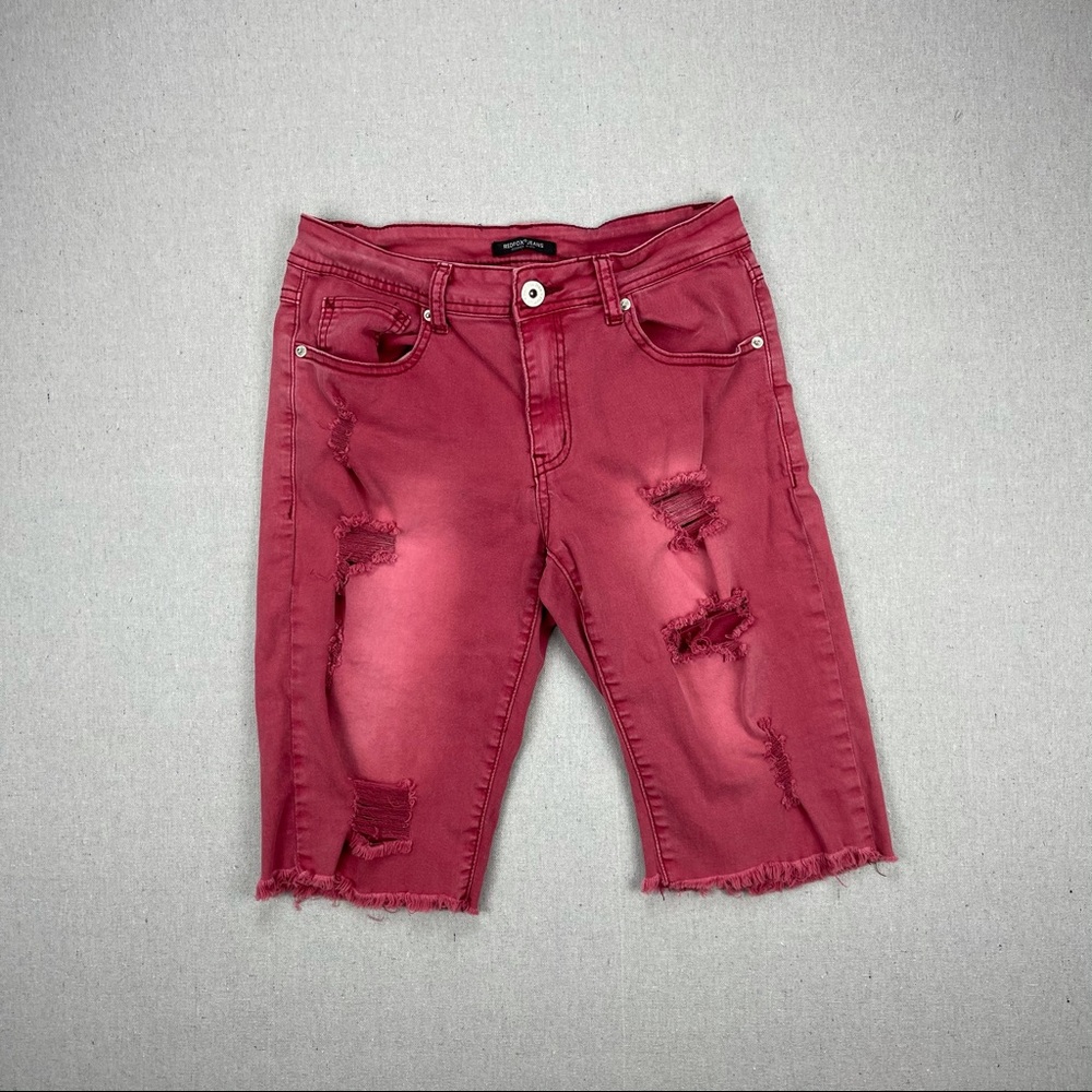 REDFOX JEANS Distressed Faded Red Capris Shorts